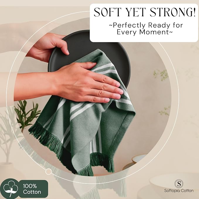 Stripe Kitchen Towels 12 Pack, 16x26 Inches, Cotton Dish Cloths, Absorbent Drying Rags, Reusable and Washable Tea Towels, Cleaning Cloths for Daily Kitchen Use - Forest Green
