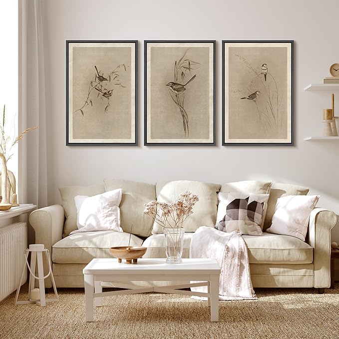 MUDECOR Framed Wall Art Print Set Vintage Bird Wheat Ear Illustrations Modern Art Boho Decorative Colorful Chic for Living Room, Bedroom, Office - 24"x36"x3 Black