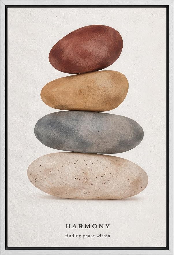 Woodrose Framed Canvas Print Wall Art Zen Balance Stones Harmony Typography Illustrations Modern Art Minimalist 3D Colorful Ultra for Living Room, Bedroom, Office - 24"x36" WHITE