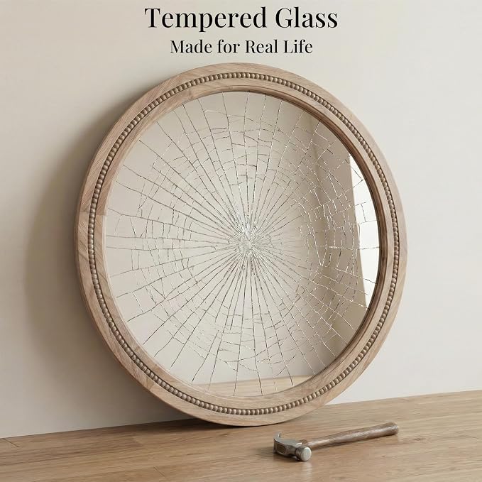 30" Round Solid Wood Mirror for Bathroom Vanity, Handcrafted Beaded Circle Wall Mirror - Natural Boho Farmhouse Decor for Entryway & Bedroom