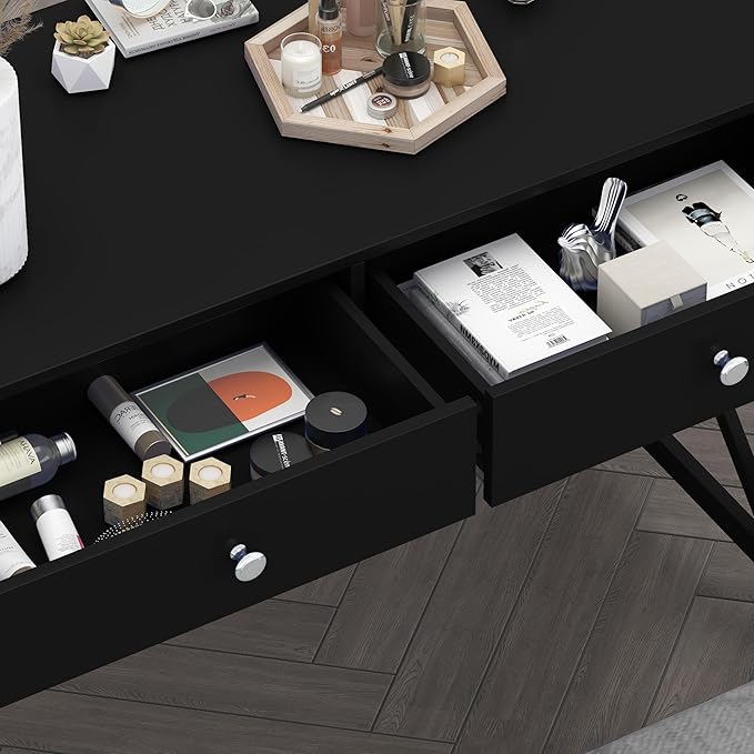 WiberWi Home Office Desk with Drawers, Modern Writing Computer Desk for Bedroom, Small Makeup Vanity Table Study Table for Home Office,Black