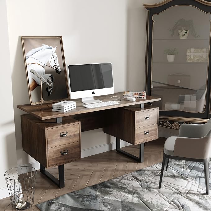 Computer Desk with Drawers, 59" L Contemporary Home Office Laptop Desk with Floating Desktop and 4 Storage Drawers Vintage Study Gaming Table with Metal Frame, Walnut-WA