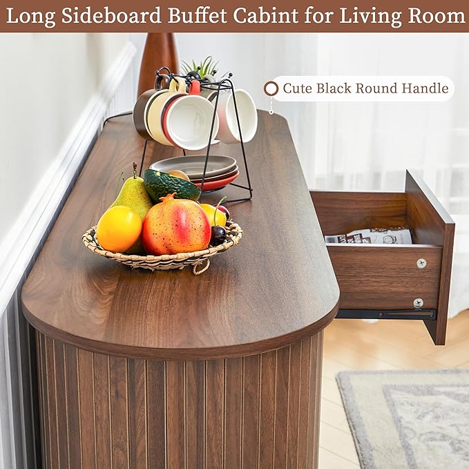 55inch Sideboard Buffet Cabinet with Drawer,Oval Curved Sideboard with Tambour Sliding Door,Walnut Buffet Storage Cabinet for Dining Room Living Room Entryway