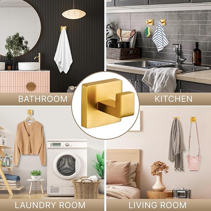 Towel Hooks for Bathrooms Robe Hook Coat Hook 4 Pack Brushed Gold Stainless Steel Heavy Duty Wall Mounted Square Hooks for Bathroom Kitchen Bedroom