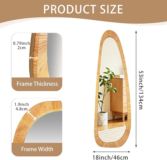BAODANFU Irregular Natural Rattan Mirror, 18×53 Inch Full Length Wall Mirror, 4-Way Handwoven Decorative Asymmetrical Mirrors, Boho Rustic Decor for Entryway Bedroom Living Room Home