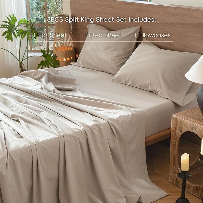 MooMee Bedding Sheet Set 100% Washed Cotton Linen Like Textured Breathable Durable Soft Comfy (Heathered Tannish Linen Grey, Twin XL)