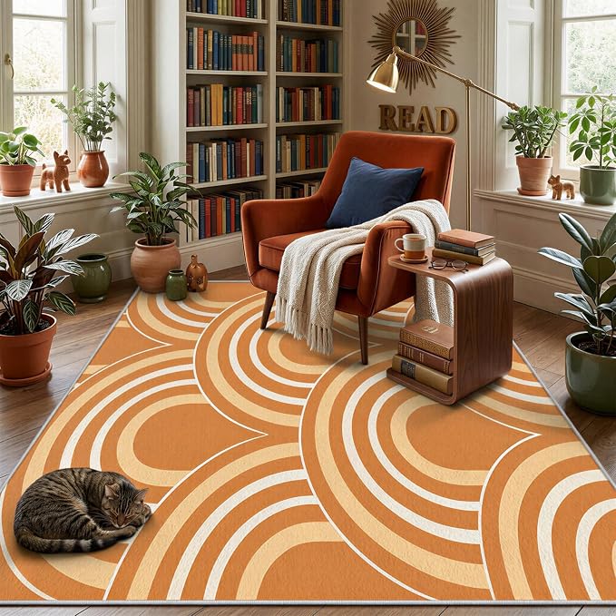 Terracotta Arch Area Rug 5 x 6 ft, Mid-Century Modern Geometric Rug, Burnt Orange Cream Abstract Washable Rug, Soft Low Pile Non-Slip Carpet for Living Room Bedroom