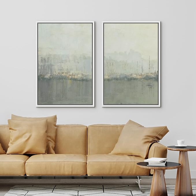 IDEA4WALL Framed Canvas Print Wall Art Set Abstract Skyline Cityscape Art in Muted Gray and Soft Blue Tones Illustrations Modern Art Decorative Coastal Cottage Seascape for Bedroom - 16"x24"x2 White