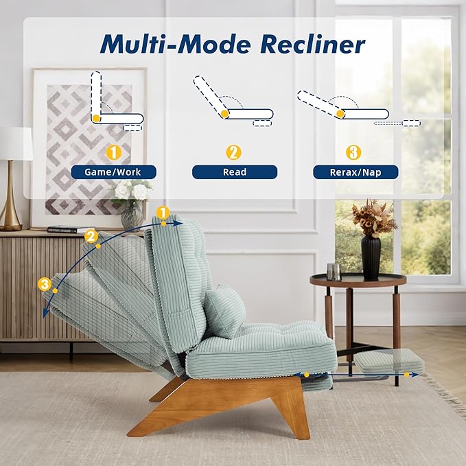 Accent Chair with Ottoman Adjustable Backrest, Stripe Living Room Chair Indoor Lounge Chair with Build-in Footrest Set, Modern Chair Cozy Reclining Chair for Reading Room, Green