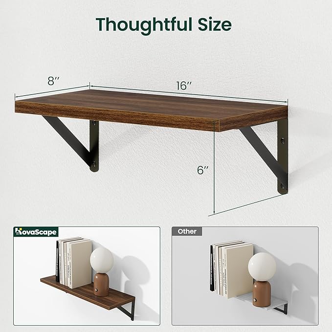 Floating Shelves, 8 Inch Deep Rustic Wood Wall Storage, 16W x 8D Wall Shelves Set of 2, Heavy Duty Metal Brackets, Industrial Book Shelf for Living Room, Kitchen, Bathroom, Bedroom, Walnut