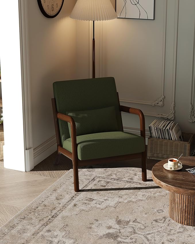 Garvee Mid-Century Modern Accent Chair, Fine Wale Corduroy Upholstery, Solid Wood Armchair with Removable Lumbar Pillow, Sturdy Reading Chair for Living Room, Bedroom, Guest Room, Easy Assembly, Green