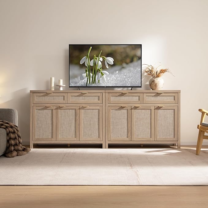 SICOTAS Rattan Sideboard Buffet Cabinet with Storage, Boho Credenza Accent Cabinet with 3 Doors and 2 Drawers, Farmhouse Console Coffee Bar for Kitchen Living Room Entryway, Light Oak, 2 PCS