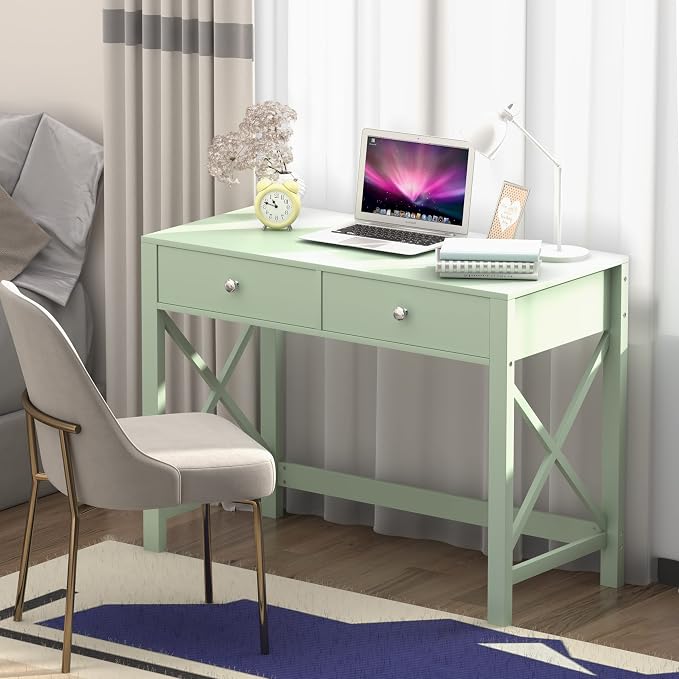 WiberWi Home Office Desk with Drawers, Modern Writing Computer Desk for Bedroom, Small Makeup Vanity Table Study Table for Home Office,Green