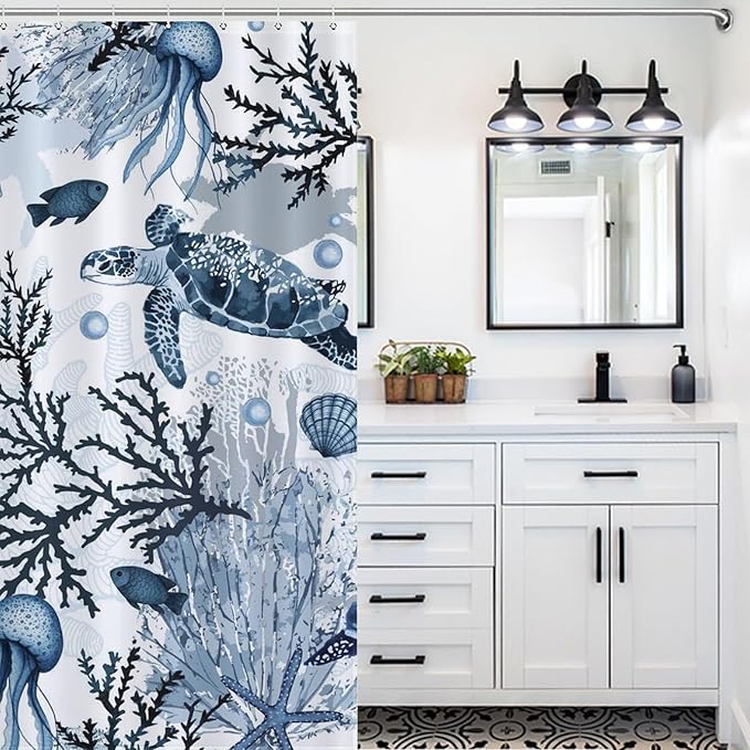 Sea Turtle Shower Curtain,Summer Blue Beach Nautical Ocean Starfish Seashell Animal Theme Bathroom Curtain Waterproof Fabric Machine Washable with Hooks,72x84Inch