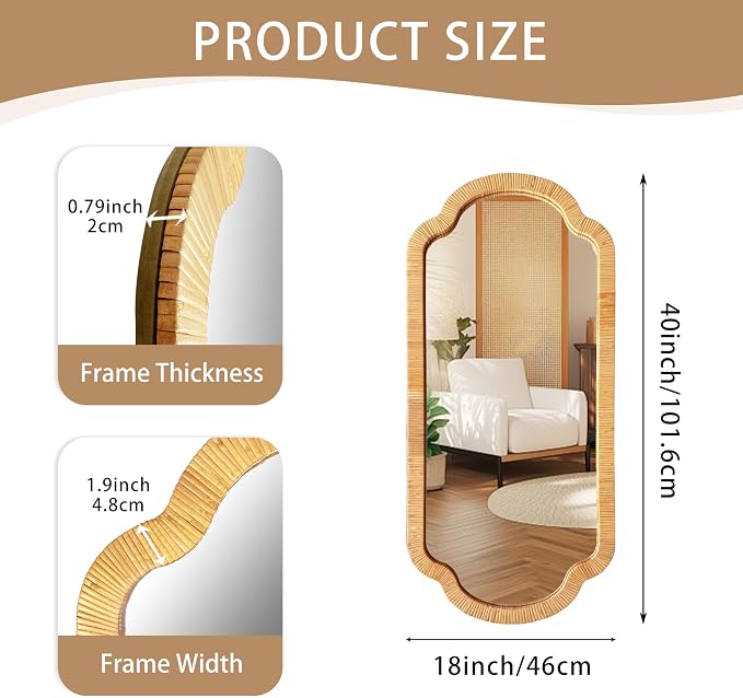 BAODANFU Rattan Wall Mirror,18" x 40" Handwoven Scalloped Decorative Mirrors, Boho Wicker Vanity Mirror for Bedroom, Dressing Closet Living Dining Room, Decor of Entryway Hallway Stairwell