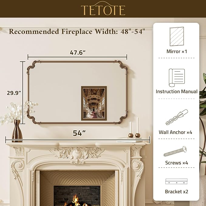 TETOTE Baroque Gold Antique Brass Scroll Wall Mirror 48 x 30 Vintage Rectangle Framed Baroque French Rectangular Mirror for Mantle Fireplace Bathroom Living Room, Horizontal/Vertical