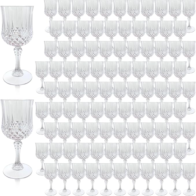 Plastic Wine Glasses, Plastic Goblets Vintage Style Cordial Drinking Glasses for Valentine’s Day, Wedding Reception, Grand Event Party Supplies (100, Transparent)