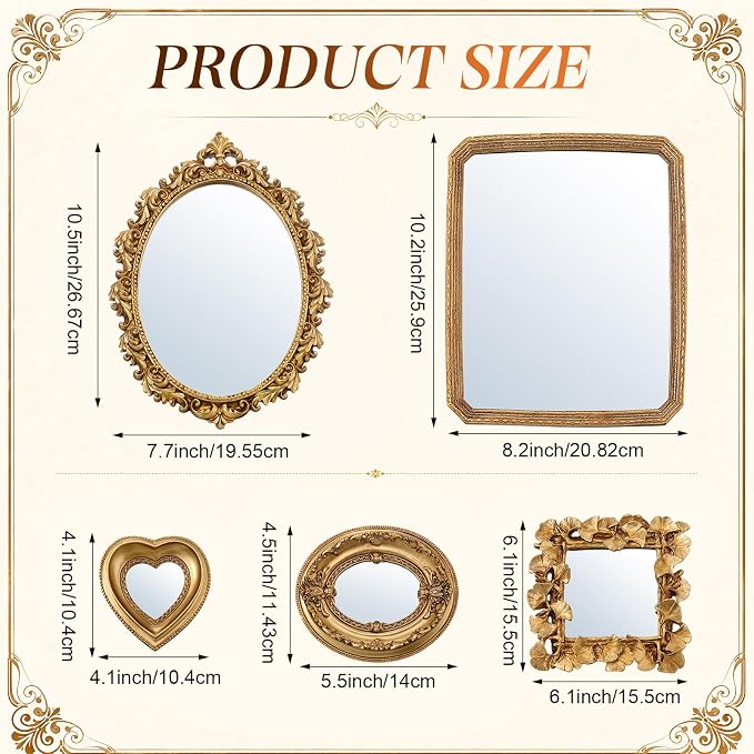 5 Pcs Vintage Gold Mirror Luxury Set Small Gold Mirrors Gallery Wall Mirror Hanging Antique Art Decor for Wall Living Room Entryway Assorted Sizes (11in/8in/6in/4in,Cute Style)