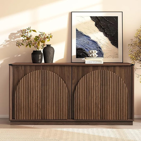 65" Sideboard Buffet Cabinet with Storage, Mid Century Modern Fluted Accent Credenza with Adjustable Shelves, Wood Media TV Console Coffee Bar Table for Dining Room, Living Room, Walnut
