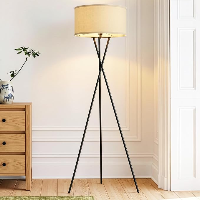 Brightech Jaxon LED Floor lamp, Modern Lamp for Living Rooms & Offices, Tall Lamp with Contemporary Drum Shade, Gold Tripod Standing Lamp for Bedroom Reading, Great Living Room Decor - Black
