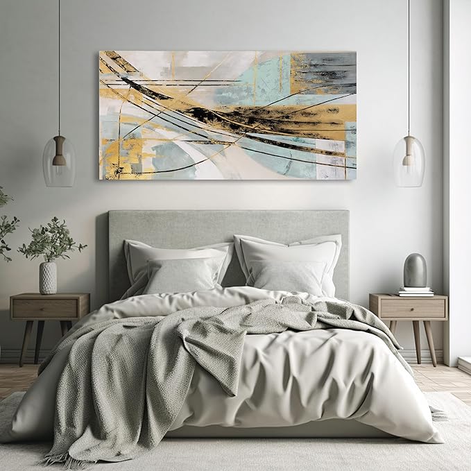 Abstract Wall Art Framed Wall Decor Modern Canvas Abstract Wall Art Black-Gold and Blue Grey Abstract Artwork for Living Room Bedroom Dining Room Home Office Decor 20"x40"