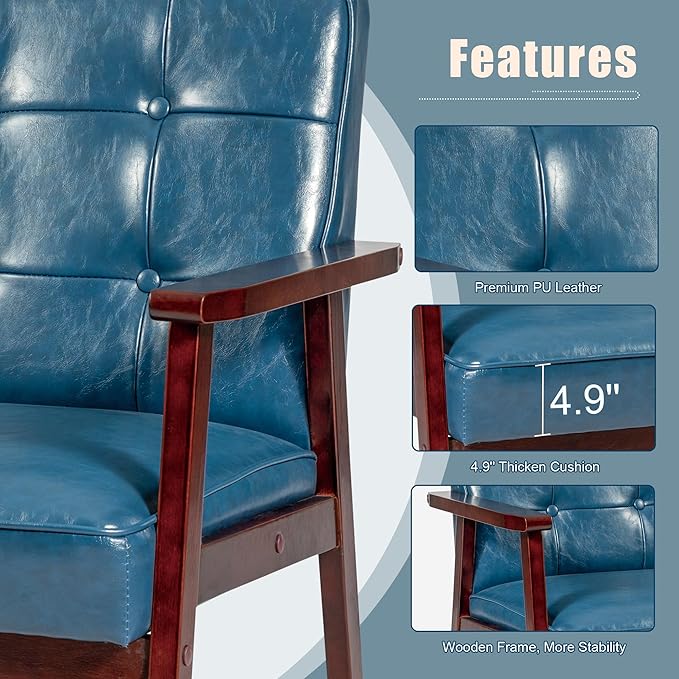 Okeysen Accent Chairs Set of 2, Mid Century Modern Accent Chair, Retro Wood and Leather Armchairs Side Chair, Lounge Reading Comfy Arm Chair for Living Room, Bedroom, Office (Blue)