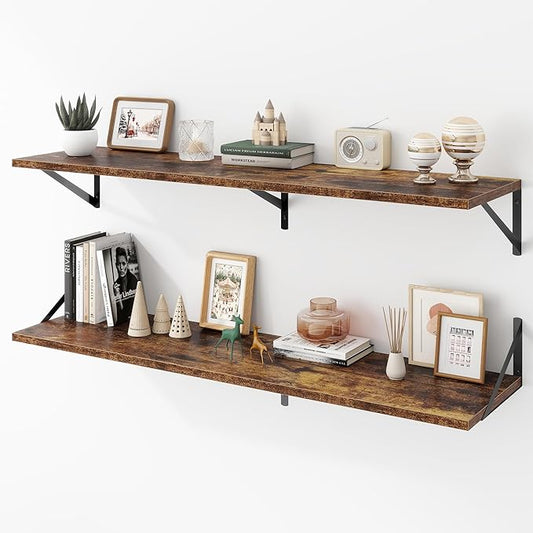 Deep Floating Shelves Wall Mounted, 48"x12" Brown Wood Shelves with Brackets Set of 2 for Bedroom, Living Room, Bathroom, Kitchen, Office - Storage & Display Shelf for Decor, Books, Plants