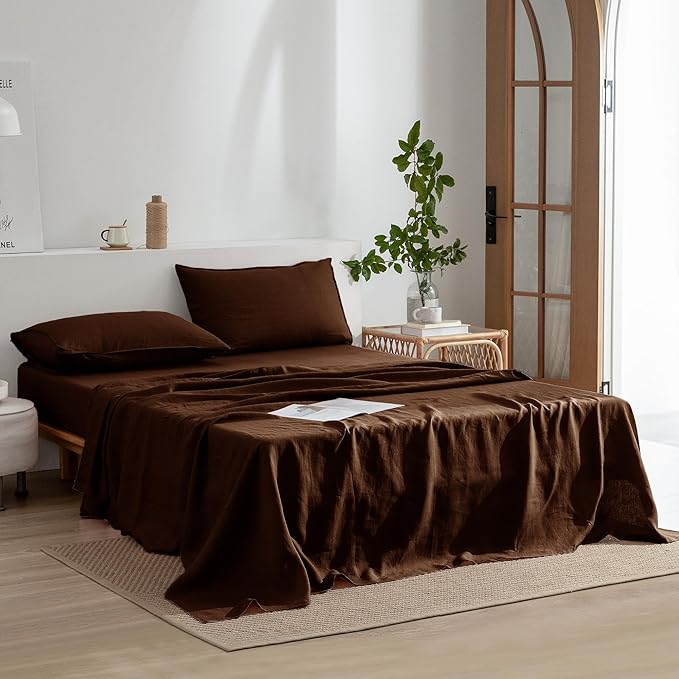 EVERLY Linen Sheets Set King Size,100% French Stonewash Pure Linen Bed Sheets,4Pieces (1Flat Sheet,1Fitted Sheet,2Pillowcase) Suitable for Hot Sleepers,Deep Pocket Natural Bedding Set-Chocolate