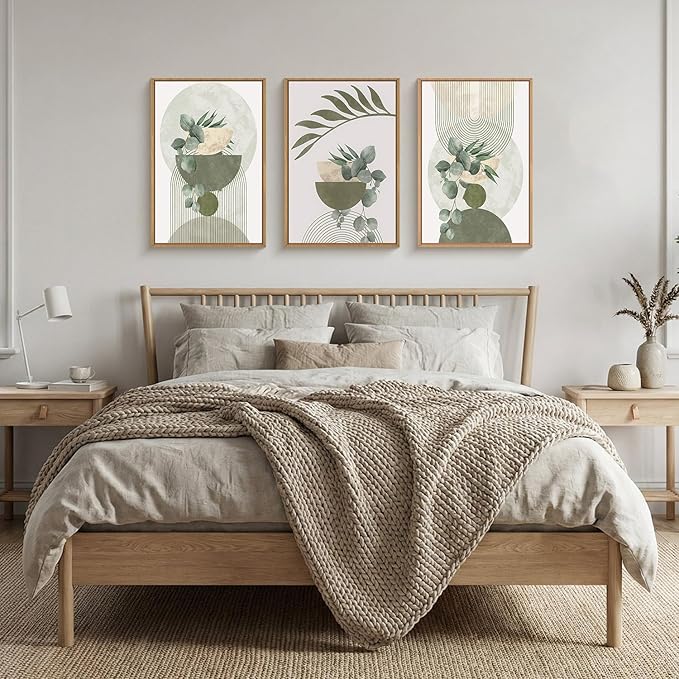 FWIEXA Sage Green Plant Canvas Wall Art Set 3, Abstract Geometric Line Botanical Framed Prints, Beige Minimalist Boho Leaf Paintings,24x36In Mid Century Modern Artwork for Living Room,Bedroom,Office