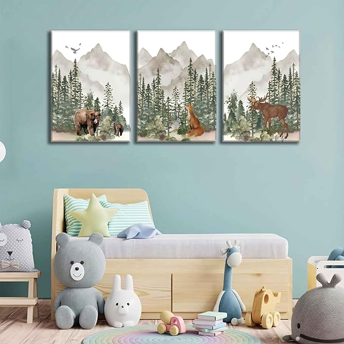 3Pcs Woodland Nursery Wall Art Wild Animals Posters Pictures Foggy Forest Canvas Prints Adventure Theme Kids Wall Decor Watercolor Paintings for Children Boys Room Girls Room Framed