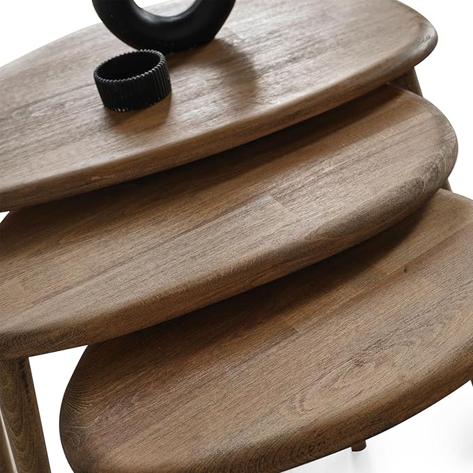 Solid Wood Nesting Coffee Table Set of 3 - Mid Century Modern Pebble Tables with Tapered Legs – Wooden Home Furniture in a Retro Style (Walnut)