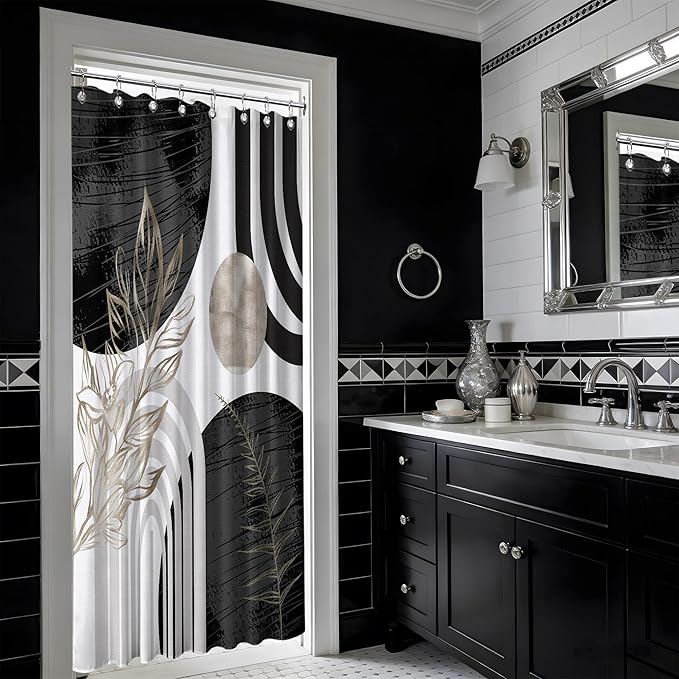 Mid Century Modern Black and White Shower Curtain Cool Charcoal Grey Silver Shower Curtains for Mens Bathroom Decor Sets, Abstract Boho Pattern, Waterproof Cloth Fabric with Hooks 48x72 in