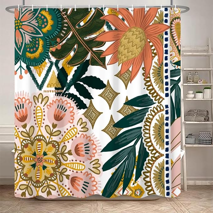 Bohemian Floral Bathroom Shower Curtain - Colorful Boho Leaves Flowers with Hooks - Polyester Waterproof Fabric Paisley Unique Trendy Woman Shower Curtain Decor, 72x96 Inch