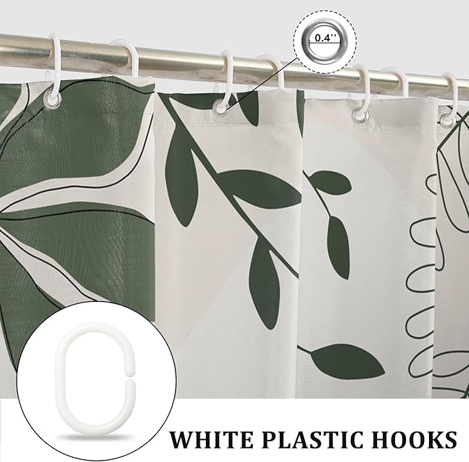 Boho Shower Curtain Modern Abstract Green Leaves Sun Bathroom Curtain Minimalist Geometric Arch Nature Fresh Decor Shower Curtain Waterproof Fabric with Hooks 60x72