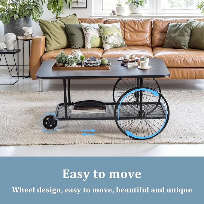 Steampunk-Inspired Mobile Storage Serving Cart - Black Metal Iron Top - 39.37" x 23.62" - Welded Construction Heavy Duty Locking Casters - 2-Tier Open Shelf - Movable Coffee Bar Table