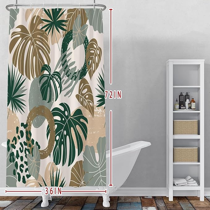Baocicoo Bohemian Monstera Leaves Boho Floral Shower Curtain Decorative for Bathroom Cubicle Bathtub Waterproof Fabric Vacation Style with Hooks 36x72 Inches
