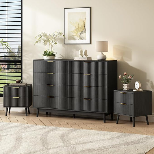 CARPETNAL Fluted Dresser and Nightstand Sets for Bedroom, 3 Pcs Bedroom Set, 8-Drawer Dresser & 2-Drawer Nightstand Set of 2, Modern Wood Chest of Drawers for Living Room, Entryway, Black