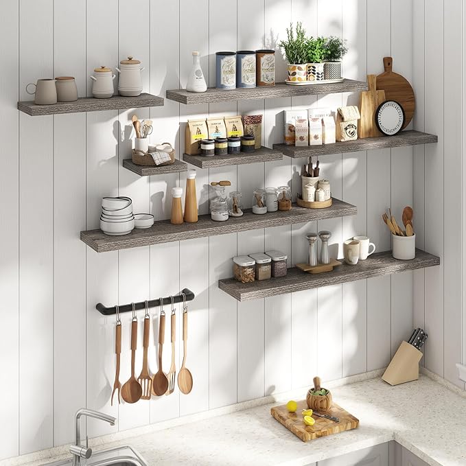 16 Inch Floating Shelves for Wall Set of 2, 8"D Wood Grain Bathroom Shelves with Invisible Brackets, Easy Install Engineered Wood Storage Shelves for Kitchen, Living Room, Bedroom, Grey Oak Finish