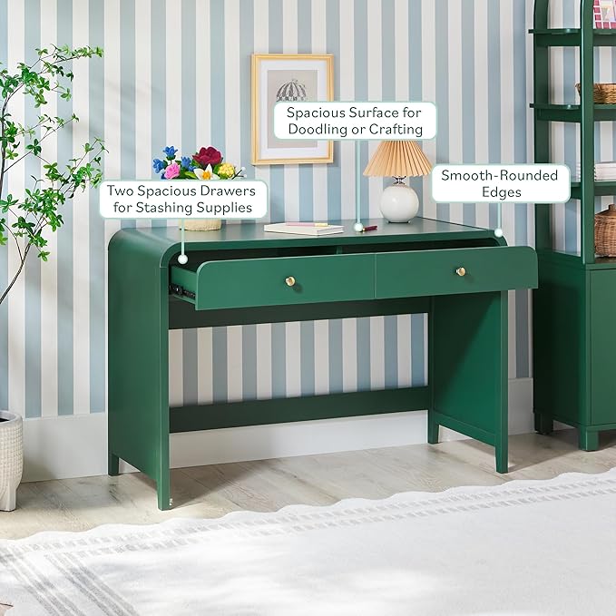 Walker Edison Zoey Modern Curve Design Writing Desk with Drawer, 45 Inch, Green