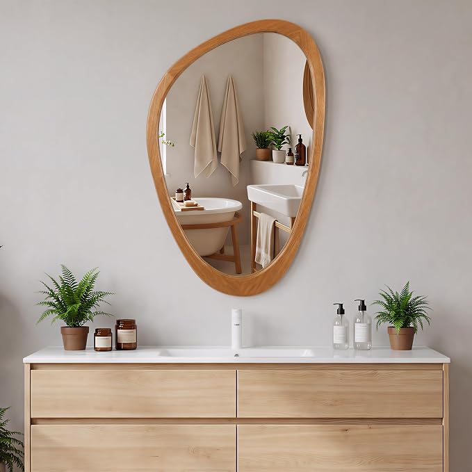 PERFNIQUE Irregular Wall Mirror, 30"x19" Solid Wood Frame Asymmetrical Mirrors for Mid Century Modern Decor, Tempered Glass Decorative Mirrors for Entryway, Bathroom, Bedroom, Living Room
