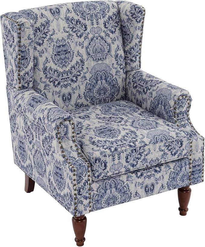 High Back Accent Chair, Fabric Upholstered Armchair for Living Room, Floral Wingback Chair with Retro Solid Wood Legs, Nailhead Trim Single Sofa Bedroom Reading Seat - Navy Blue