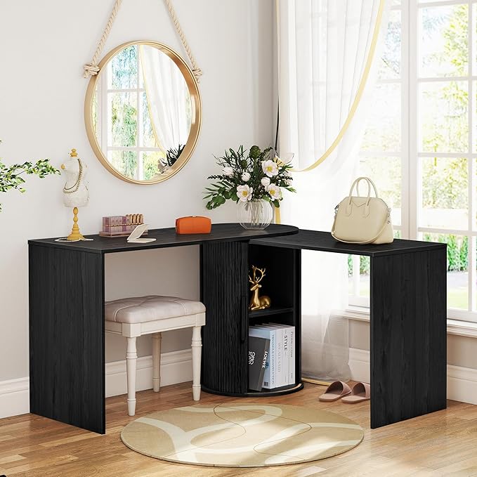 Fluted Computer PC Desk Table with Storage, Black Corner L Shaped Desk with Storage for Small Space, Modern Home Office Desk for Bedroom, for Writing, Executive, Study, Work - Black