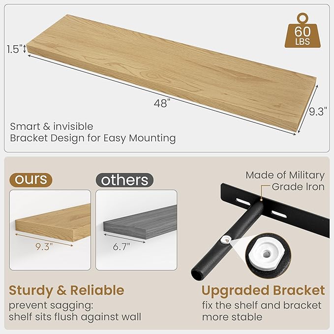 48"W x 9.3"D Floating Shelves for Wall, Wall Mounted Bathroom Shelves 2 Pack Deep Floating Shelf for Bedroom Kitchen Living Room, Rustic Wooden Wall Shelf with Invisible Bracket for Books Decor