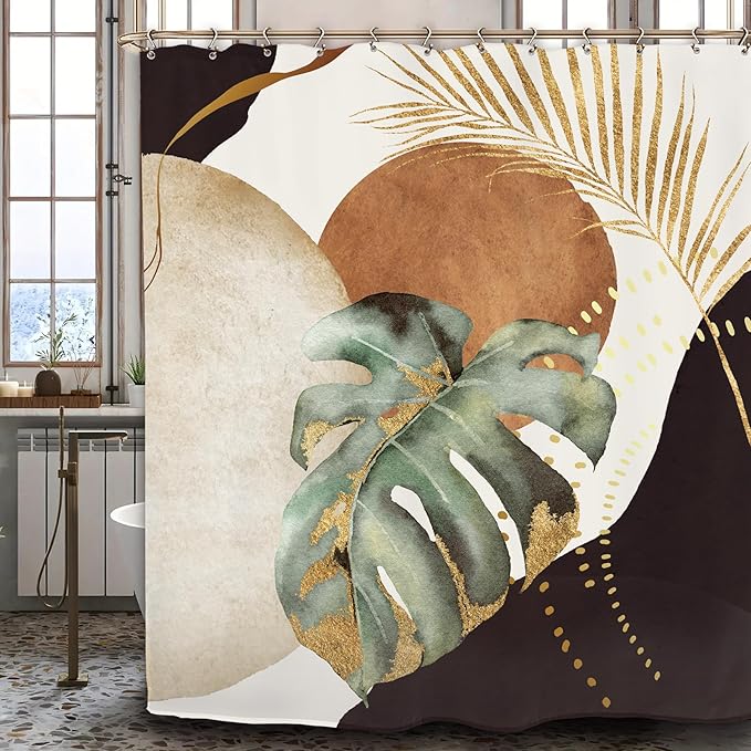 Yookeb Abstract Mid Century Bathroom Shower Curtain 60W by 71H Inch Modern Plant Neutral Minimalist Brown Leaves Aesthetic Polyester Fabric 12 Plastic Hooks Waterproof Decor