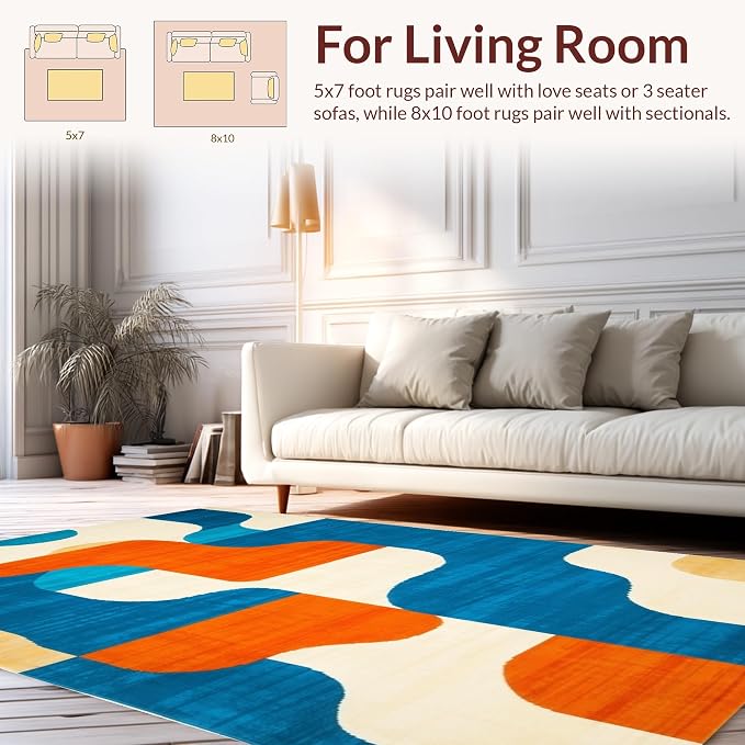 Flatwoven High Traffic Area Rug 6x9, Mid Century Motif Mastery, Non Slip, Stain Resistant, Washable Area Rugs for Living Room, Bedroom (Blue, 6x9)
