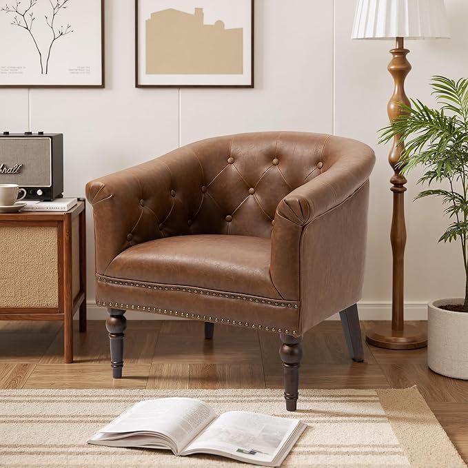 Lumibee Faux Leather Barrel Chair, Upholstered Accent Chair for Living Room, Modern Comfy Club Armchair for Office, Bedroom, Waiting Room-Brown