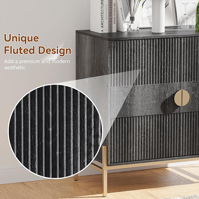 30.7" Accent Cabinet, Modern Buffet Cabinet with Gold Metal Legs, Fluted Sideboard for Dining Room, Kitchen, Darkgrey