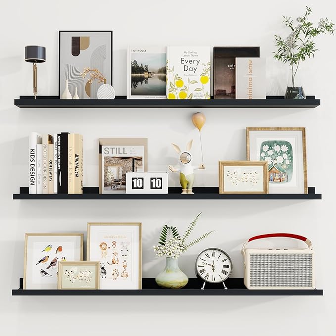Axeman 48 Inch Floating Shelves | Black Picture Ledge Shelf Set of 3 | Rustic Wood Wall Shelves with Lip | 48" Black Picture Shelf for Wall with Ledge | Photo Shelves