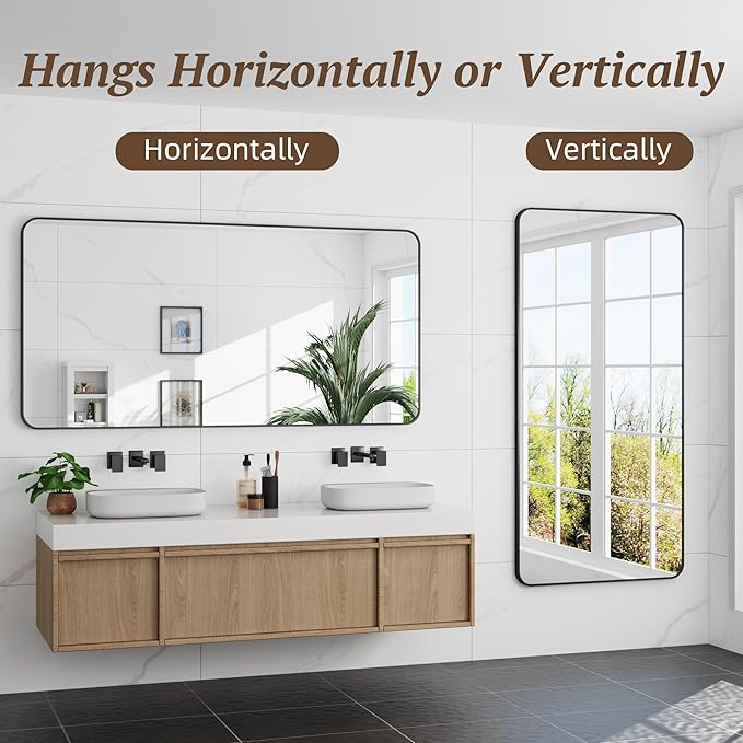 Bathroom Mirrors for Over Sink 60" x 30", Black Metal Frame Rounded Corner Rectangle Wall Mirror, Modern Farmhouse Vanity Mirror(Horizontal/Vertical)