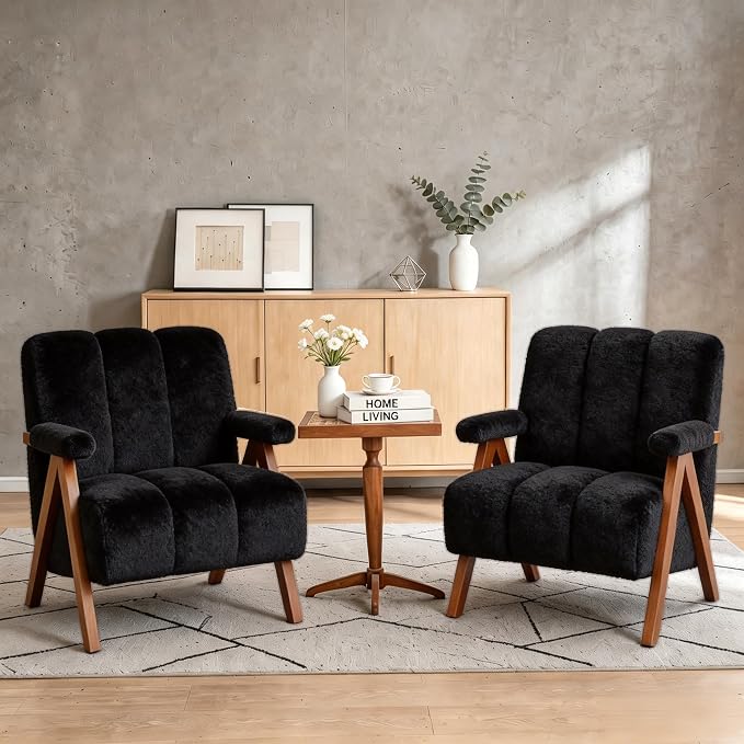Mid Century Modern Accent Chair with Solid Oak Wood Frame, Upholstered Chenille Lounge Chair with Ergonomic Backrest and Thick Cushion for Living Room Bedroom Balcony, Set of 2, Black